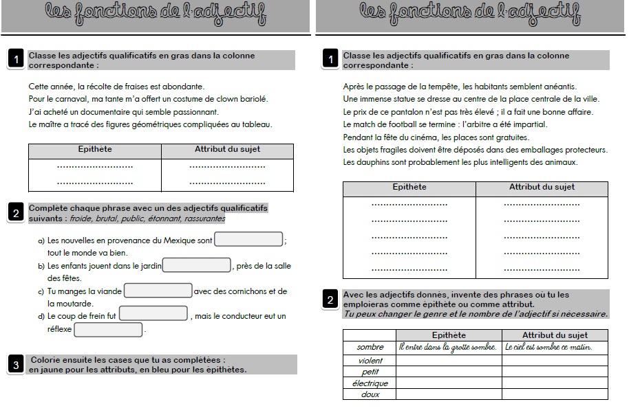 Les Fonctions De L Adjectif Qualificatif Epithete Ou Attribut Du Sujet Affiches Et Exercices D Entrainement Ma Maitresse De Cm1 Cm2